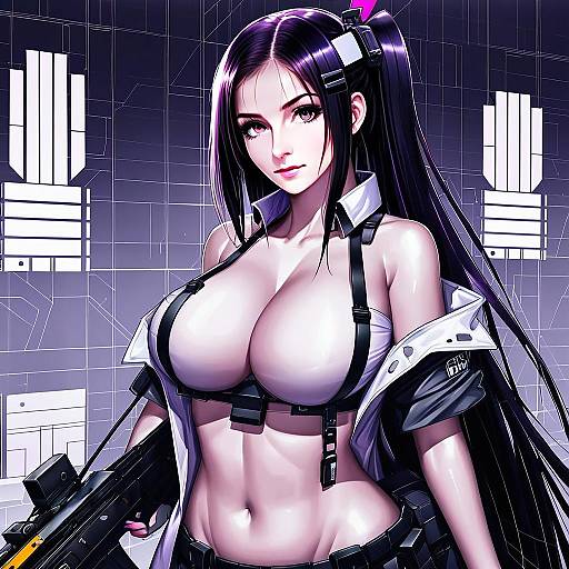 Anime Style Confident Woman in Tactical Gear with Futuristic Firearm