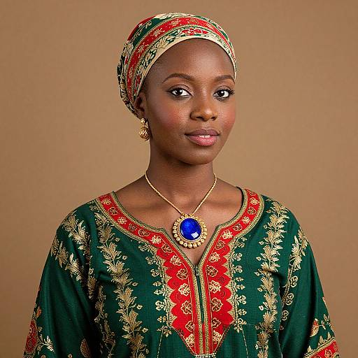 Elegant Woman in Traditional Green and Red Embroidered Dress with Blue Pendant