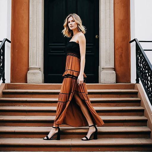 Young Woman in Bohemian Maxi Dress Walking Down Classic Steps