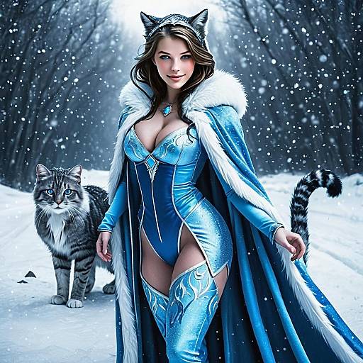 Fantasy Woman in Blue Fur-Trimmed Outfit with Cat in Snowy Forest