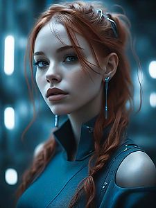 Portrait of Young Woman with Red Hair and Futuristic Attire