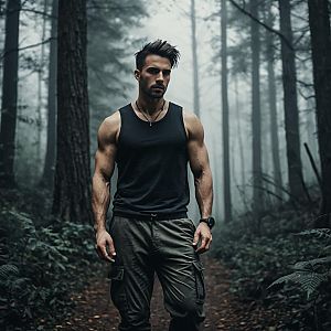 Muscular Man in Misty Forest
