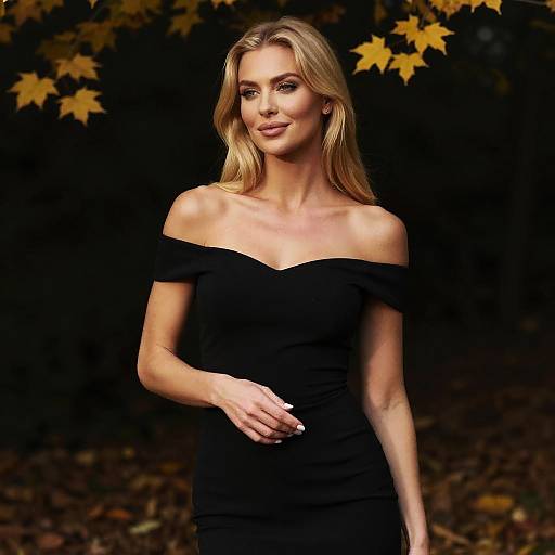 Elegant Woman in Black Off-Shoulder Dress with Autumn Leaves Background