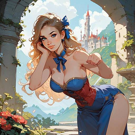 Anime Blonde Woman in Corset in Fantasy Castle Setting Digital Artwork