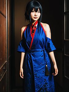 Realistic Man Cosplay Wearing Chizome Akaguro Stain Costume in Blue Robe