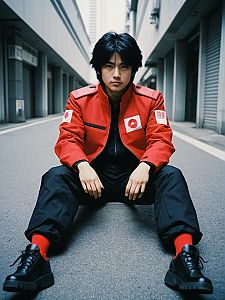 Man in Realistic Akira Tsuchiya Cosplay Costume Sitting in Urban Alley