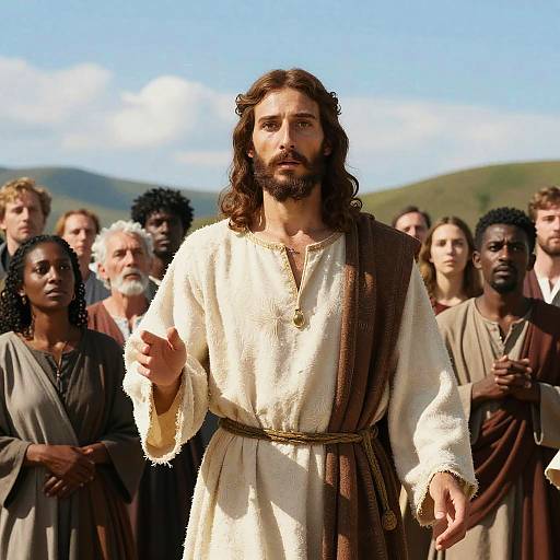 Biblical Jesus Figure with Diverse Followers in Outdoor Setting
