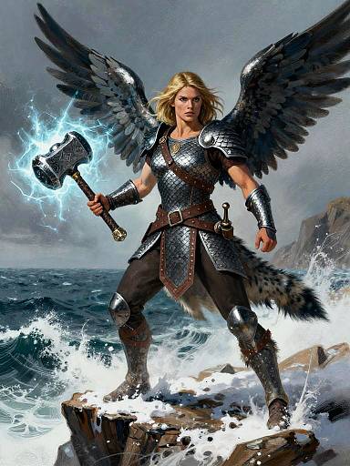 Fantasy Viking Warrior Woman with Lightning War Hammer and Wings