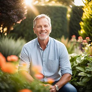Cheerful man in garden with flowers