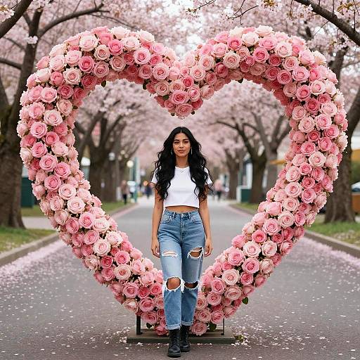 Young Woman Posing with Heart-Shaped Pink Rose Arrangement on Cherry Blossom Street