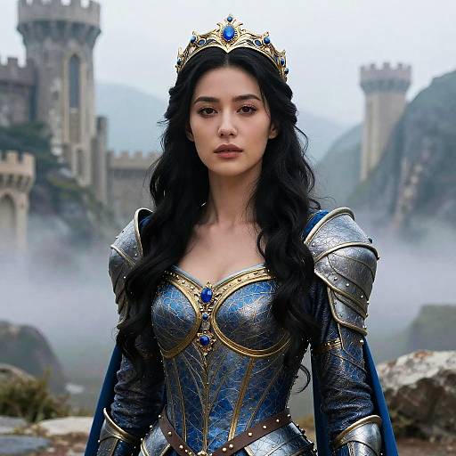Regal Woman in Blue and Gold Queen Armor with Crown at Medieval Castle
