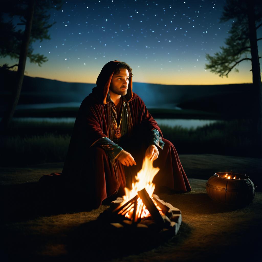 Mysterious Man by Campfire Under Starry Sky