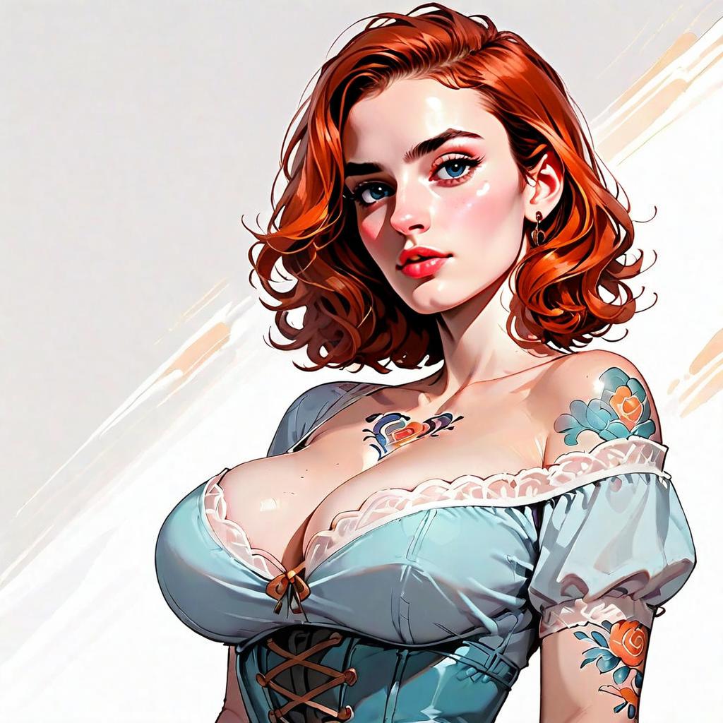 Vibrant Digital Portrait of a Red-Haired Woman with Floral Tattoos and Corset