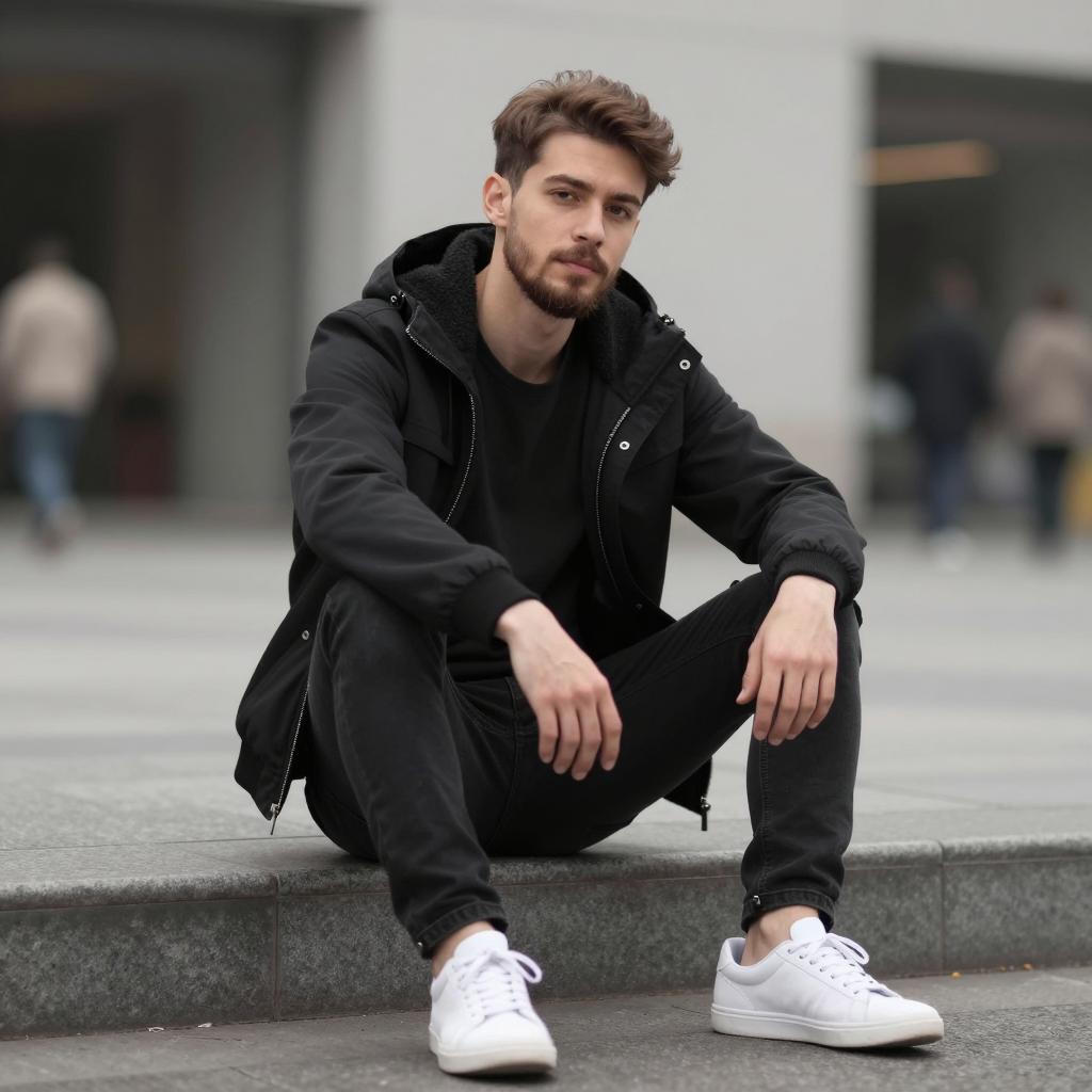 Young Man in Casual Black Outfit Sitting on City Ledge