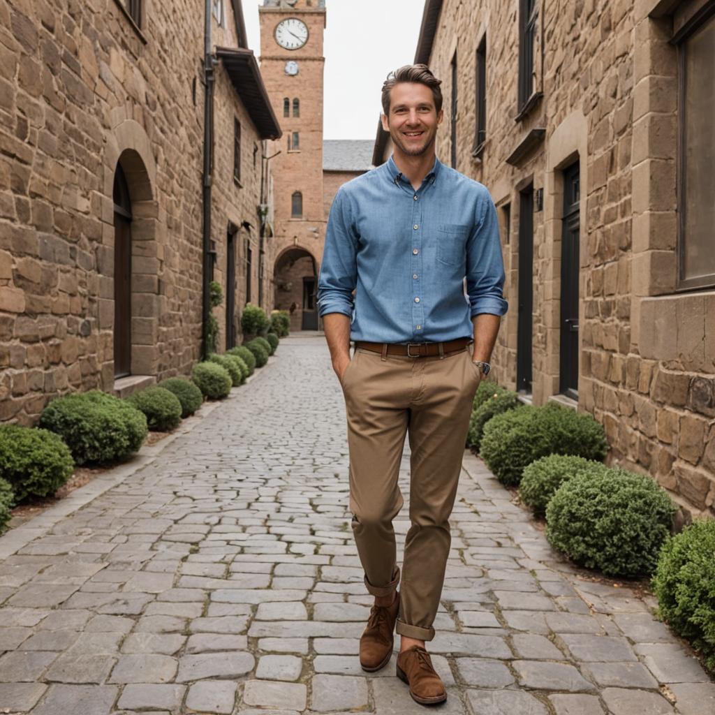 Confident Man in Artistic Casual Attire on Cobblestone Street