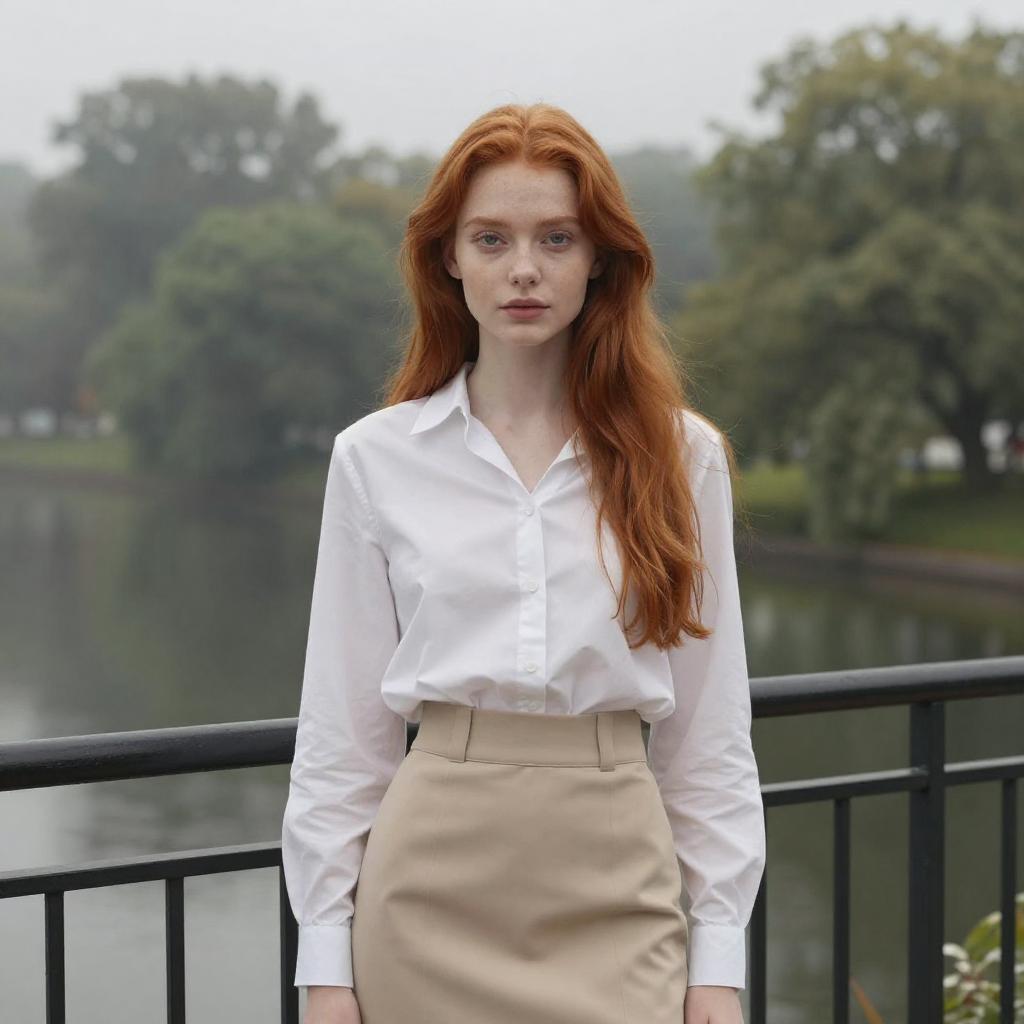 Young Red-Haired Woman in White Shirt by Lakeside