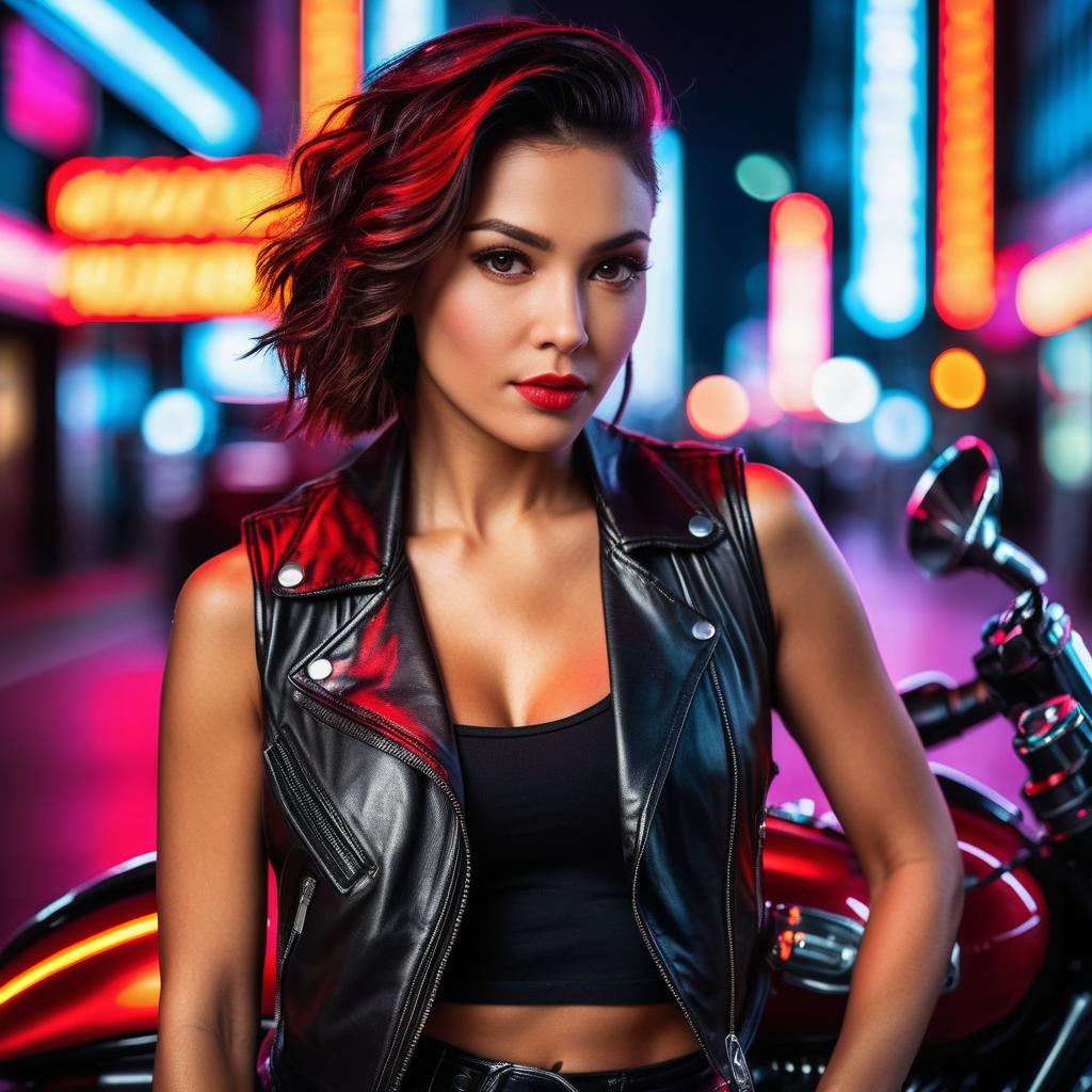 Confident Young Woman with Red Highlights and Motorcycle in Neon Urban Night Confident Young Woman with Red Highlights and Motorcycle in Neon Urban Night
