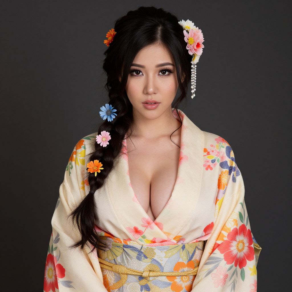 Elegant Woman in Floral Kimono with Flower Adorned Braided Hair