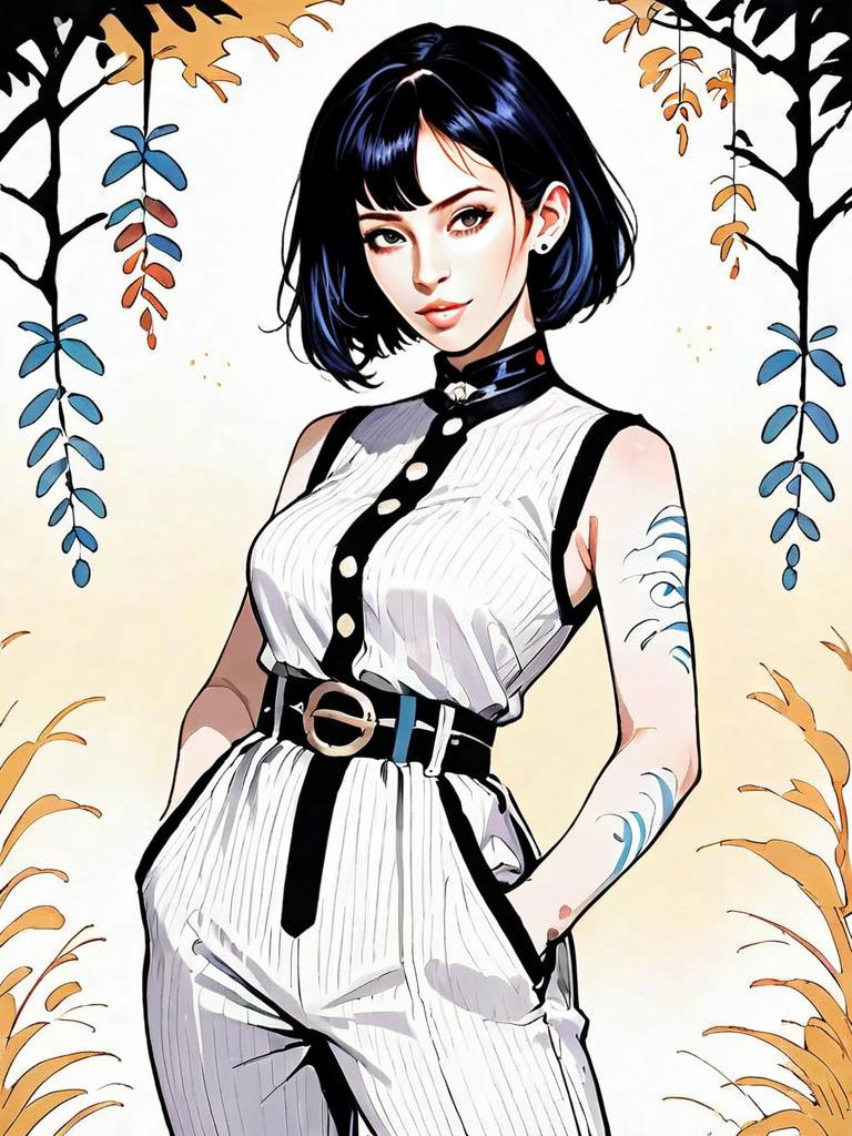 Stylish Woman in White Jumpsuit Digital Art with Manga Influence