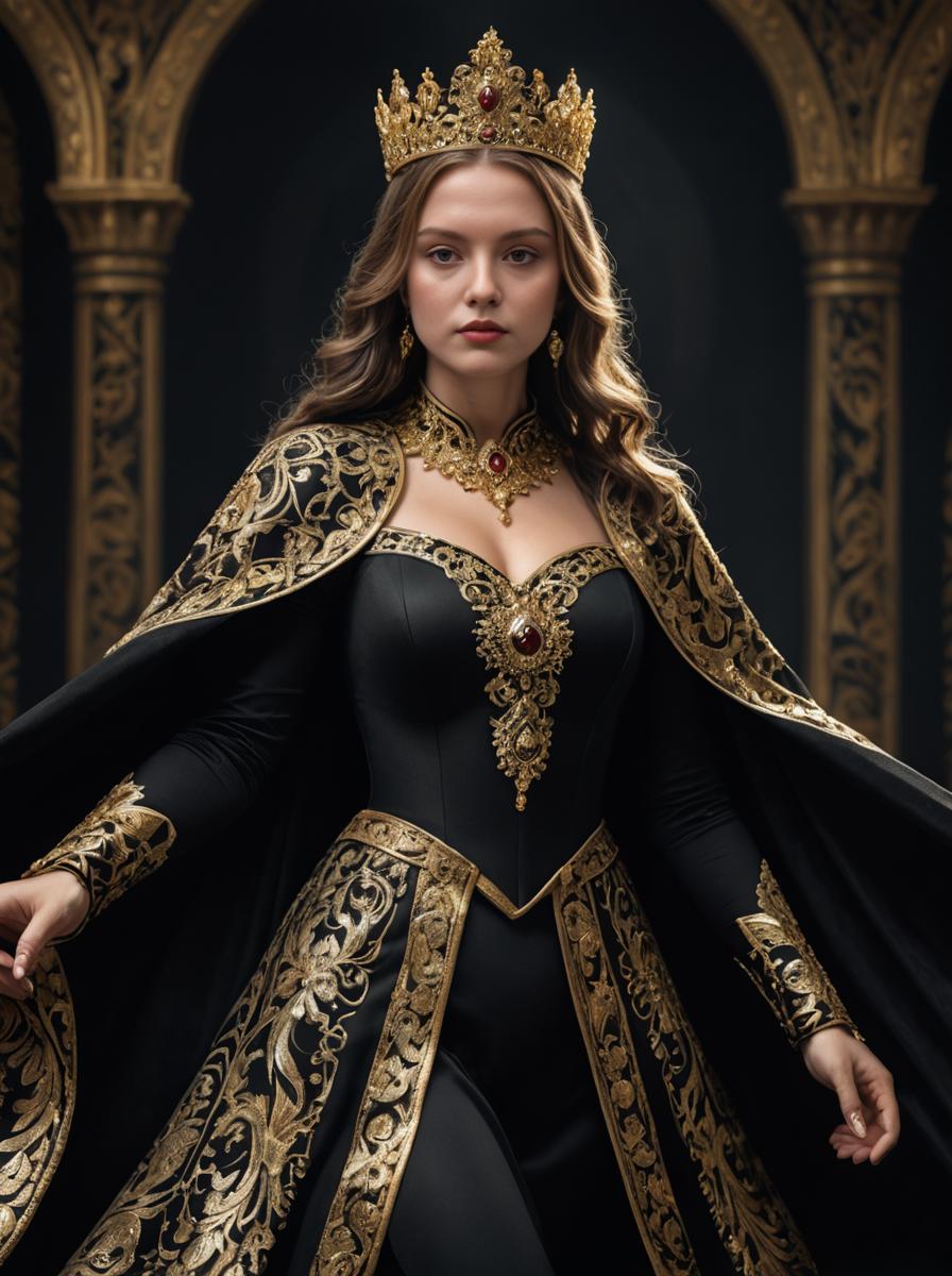 Regal Woman in Black and Gold Gown