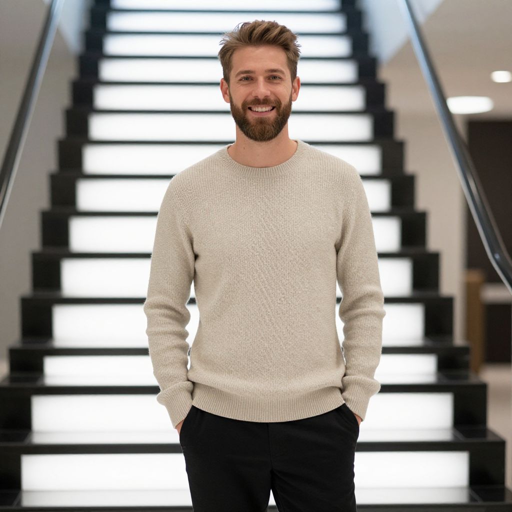 Smiling Man in Beige Sweater Standing in Front of Modern Illuminated Staircase
