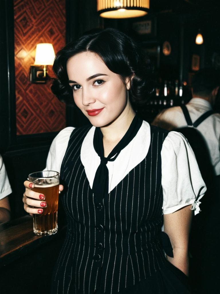 Woman in 1920s Speakeasy Costume Holding Beer in Vintage Bar