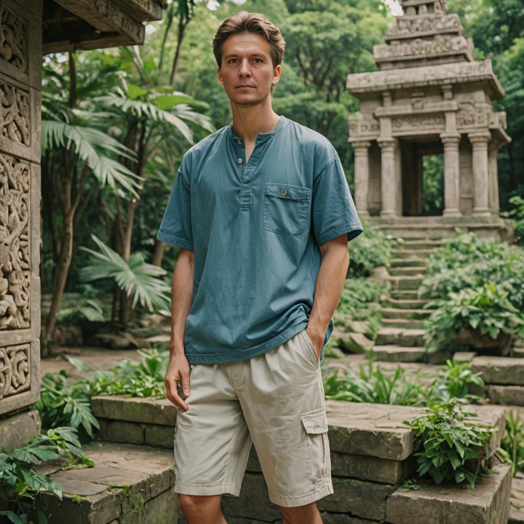 Confident Man in Serene Garden with Classical Structures