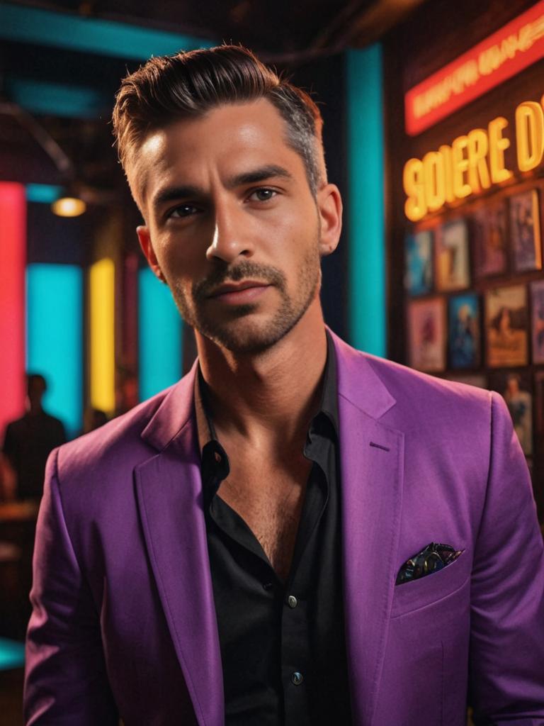 Confident Man in Purple Suit Against Colorful Backdrop