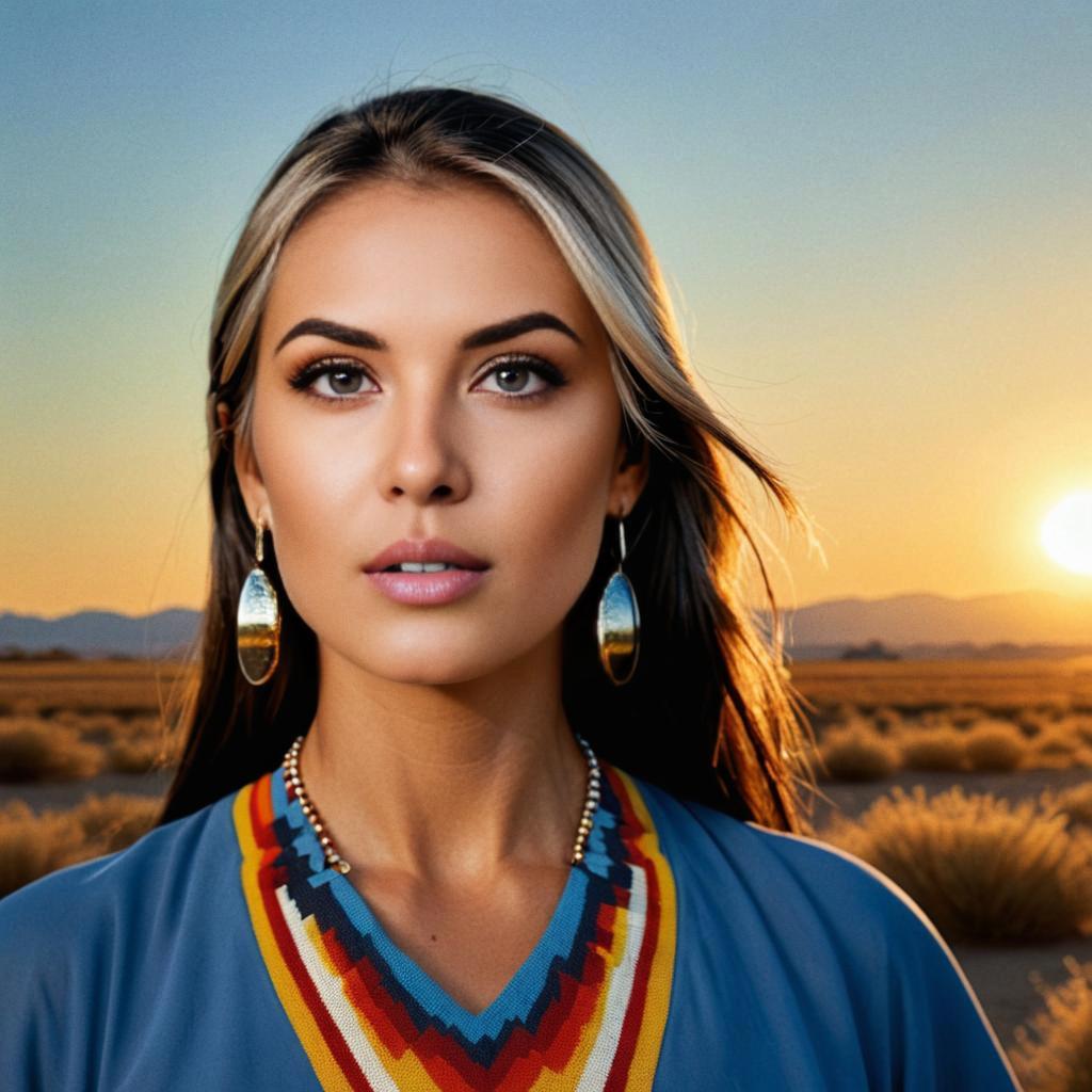 Confident Woman in Traditional Outfit at Sunset