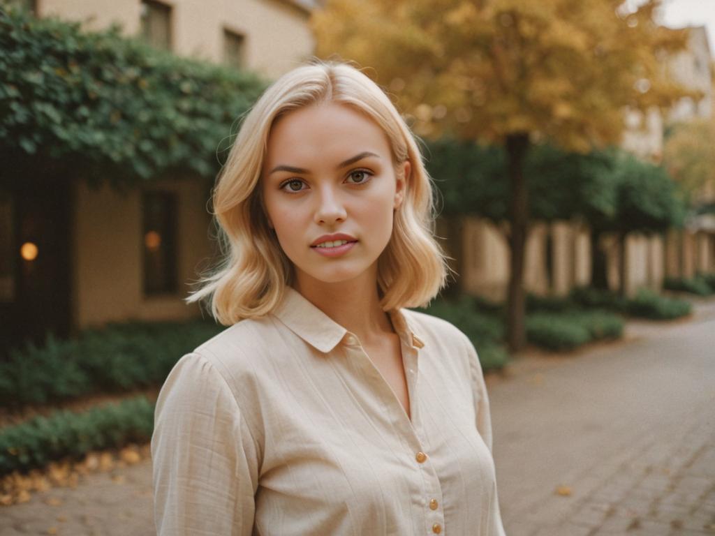 Petite Blonde Woman in Autumn Foliage