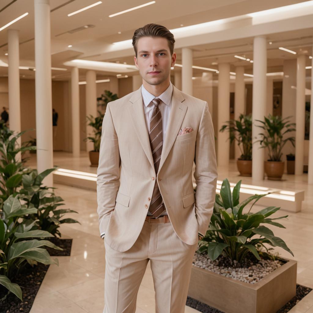 Confident Man in Beige Suit in Elegant Indoor Setting