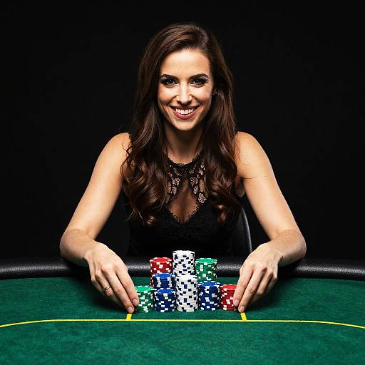 Confident Woman Playing Poker with Stacks of Chips at Casino Table
