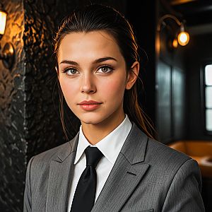Confident Young Woman in Gray Suit