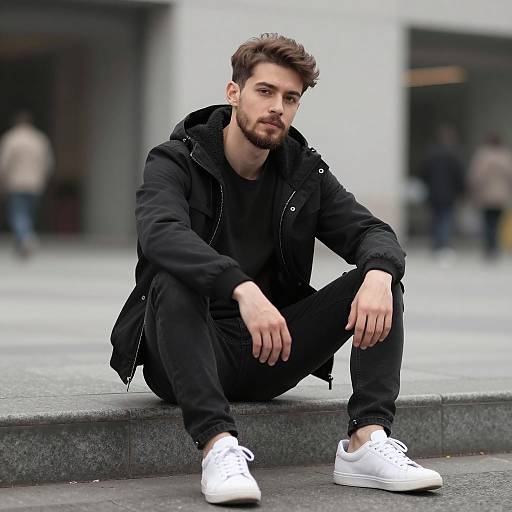 Young Man in Casual Black Outfit Sitting on City Ledge