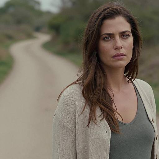 Pensive Woman Standing on Winding Rural Dirt Road in Nature