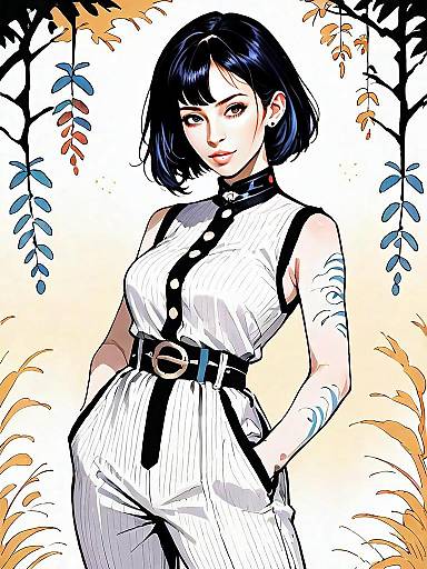 Stylish Woman in White Jumpsuit Digital Art with Manga Influence