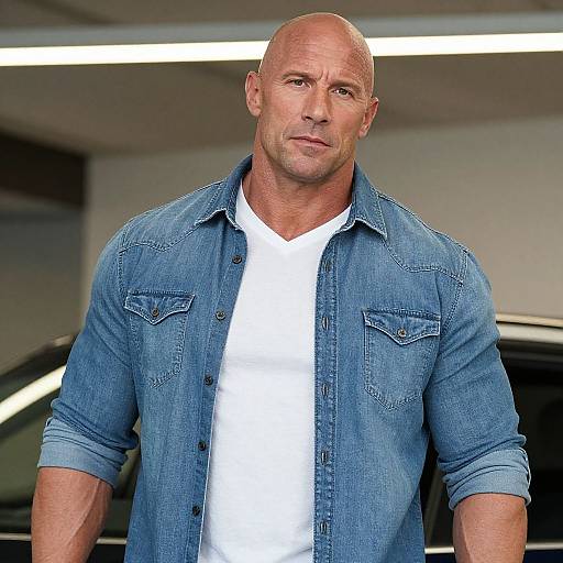 Confident Bald Man in Blue Denim Shirt Casual Style