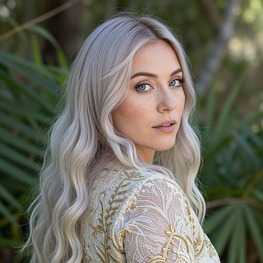 Portrait of Woman with Platinum Blonde Hair in Embroidered Lace Garment