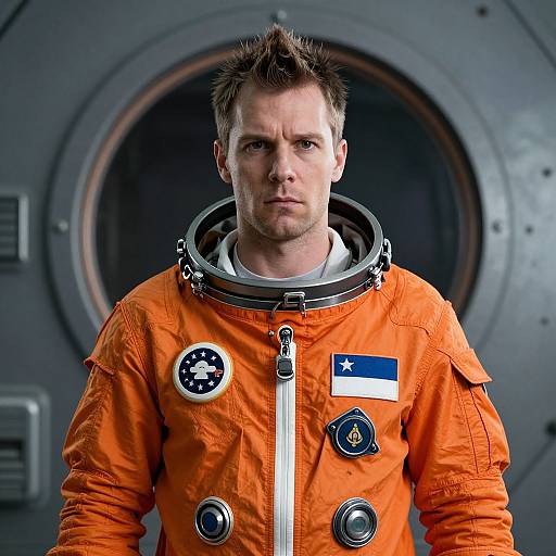 Man in Orange Astronaut Suit Standing by Spacecraft Hatch