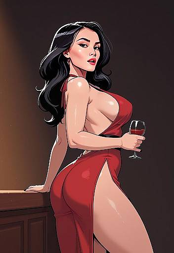 Confident Woman in Red Evening Gown Holding Wine Glass Digital Art