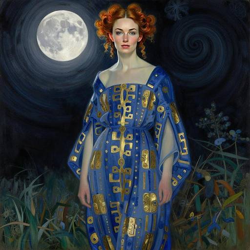Elegant Woman in Blue and Gold Dress Under Full Moon Night