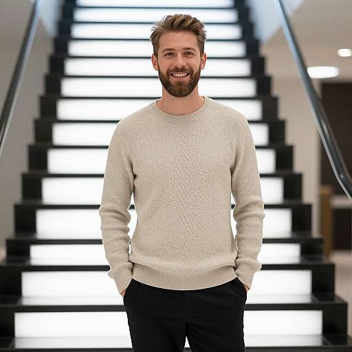 Smiling Man in Beige Sweater Standing in Front of Modern Illuminated Staircase