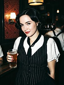 Woman in 1920s Speakeasy Costume Holding Beer in Vintage Bar
