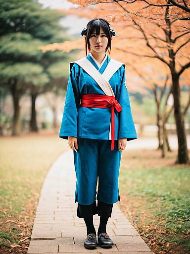 Young Woman in Traditional Blue Japanese Outfit with Red Sash in Autumn Park