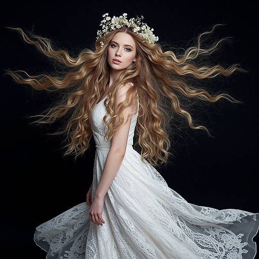 Woman in White Lace Dress with Flowing Hair and Floral Crown