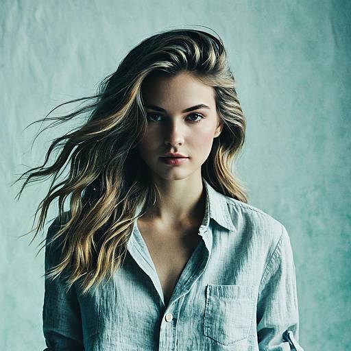 Portrait of Young Woman with Blonde Hair in Light Shirt Against Soft Background