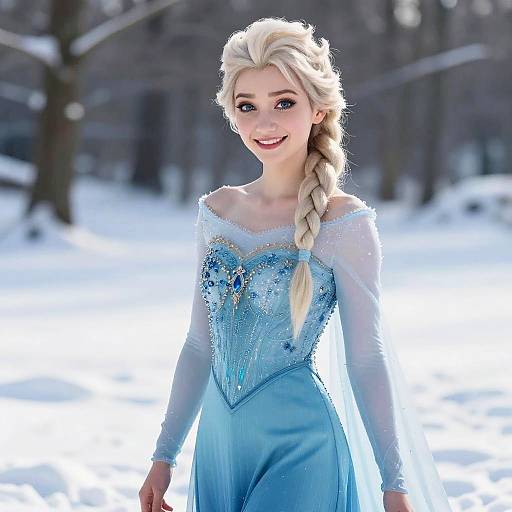 Woman in Blue Ice Princess Dress with Blonde Braid in Snow