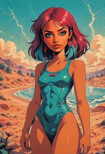 Digital Illustration of Woman in Teal Swimsuit on Beach with Lightning