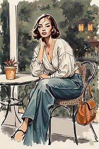 Stylish Woman at Café in Modern Vintage Fashion