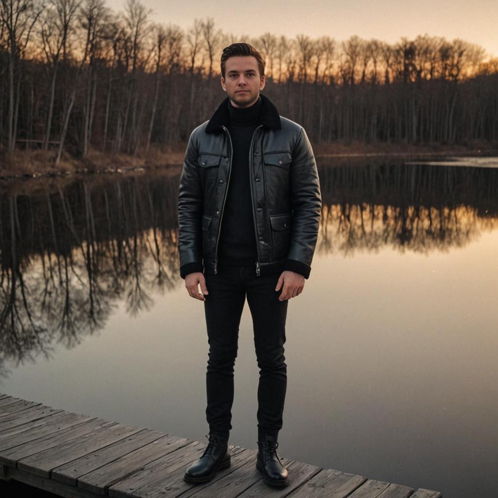 Man on Dock at Dusk with Tranquil Lake